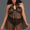 Dreamgirl Plus Size Sheer Mesh And Lace High Neck Babydoll -ThreeWishes Store D11796x Black Front 09627