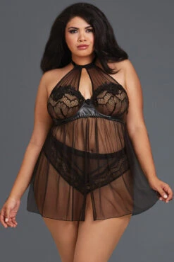Dreamgirl Plus Size Sheer Mesh And Lace High Neck Babydoll -ThreeWishes Store D11796x Black Front 09627 0d61a86d 640f 4c47 adf0 7e9c059ac126
