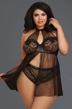 Dreamgirl Plus Size Sheer Mesh And Lace High Neck Babydoll -ThreeWishes Store D11796x Black Inset 46726