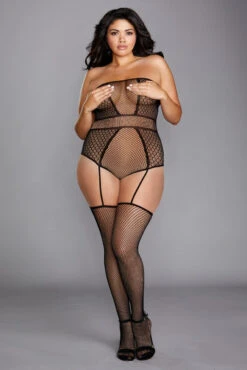 Dreamgirl Plus Size Geo Net Garter Teddy -ThreeWishes Store DG0355X Black Front Inset