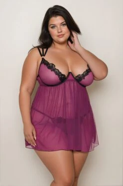 Dreamgirl Plus Size Purple Mesh Babydoll With Venise Lace