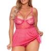 Plus Size Pretty In Pink Eyelash Lace Babydoll -ThreeWishes Store EM44167x Fuchsia Front
