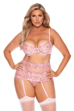 Plus Size Pink Floral Bra And Cincher Set