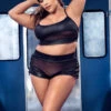 Plus Size Strapped Mesh And Wet Look Set -ThreeWishes Store EP2684X Black Front