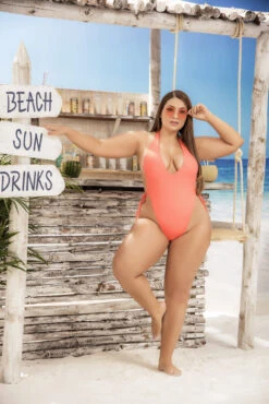 Plus Size Peach String One Piece -ThreeWishes Store EP6636X Bright Peach Front 56847 e0ee6455 e993 4abc bd64 3b999f862570