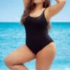 Plus Size Basic Black One Piece -ThreeWishes Store EP6811X Black Front 60702