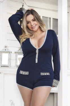Plus Size Winter Blues Long Sleeve Romper -ThreeWishes Store EP7233X Blue Front 30438 02d756e6 0a43 4fe8 85f0 a87e6d80df2d