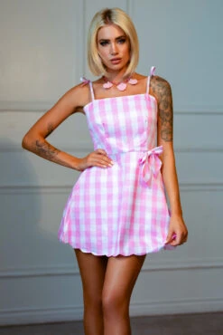 Plus Size Pink Gingham Beach Party Doll Costume -ThreeWishes Store FC 3001X front 2