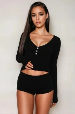 Soft Long Sleeve Loungewear Set -ThreeWishes Store SI Q L11 black front