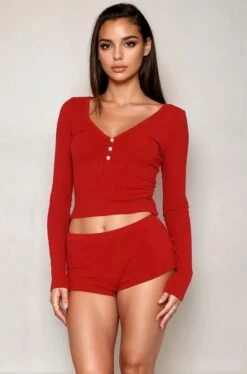 Soft Long Sleeve Loungewear Set -ThreeWishes Store SI Q L11 red front