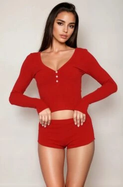 Soft Long Sleeve Loungewear Set -ThreeWishes Store SI Q L11 red front 4