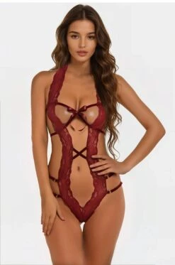 Strappy Lace String Teddy -ThreeWishes Store SI Q LH096 wine red front
