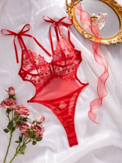 Tied Up Mesh And Lace Teddy -ThreeWishes Store SILH113 red front