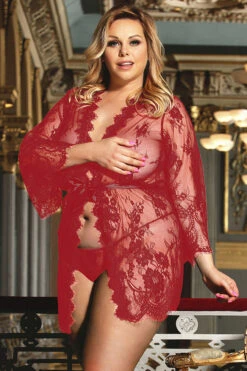Plus Size Short Eyelash Lace Robe -ThreeWishes Store SIR80528 3X red front 1