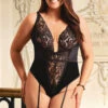 Plus Size Velvet V-Cut Teddy -ThreeWishes Store SIR81040 1P black front