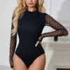 Plus Size High Neck Mesh Sleeve Bodysuit -ThreeWishes Store SIR81253X black front