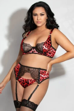 Plus Size Leading Lady Satin Leopard Bra Set -ThreeWishes Store STM11259X RED F 65337