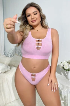Plus Size Stretch Bralette Set 13 Plus Size Stretch Bralette Set -ThreeWishes Store WF5 7069X pink front 3