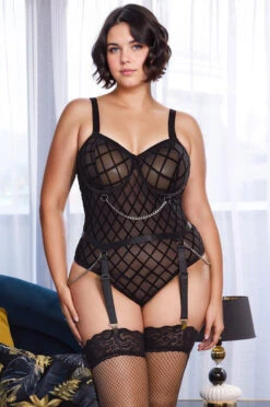 Plus Size Diamond Mesh Bodysuit With Garters