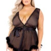 Plus Size Retro Mesh And Marabou Babydoll -ThreeWishes Store rcli482q black front