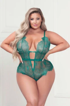 Plus Size Low Cut Eyelash Lace Teddy 11 Plus Size Low Cut Eyelash Lace Teddy -ThreeWishes Store stm11377xp green f