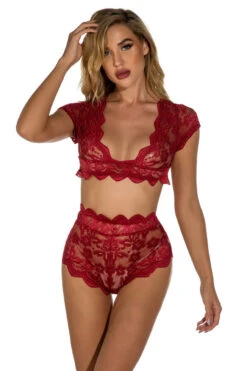 Cap Sleeve Bra And Panty Set -ThreeWishes Store w4009 red front 4