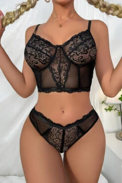 Pretty Patterned Bralette Set -ThreeWishes Store w8878 black front 2